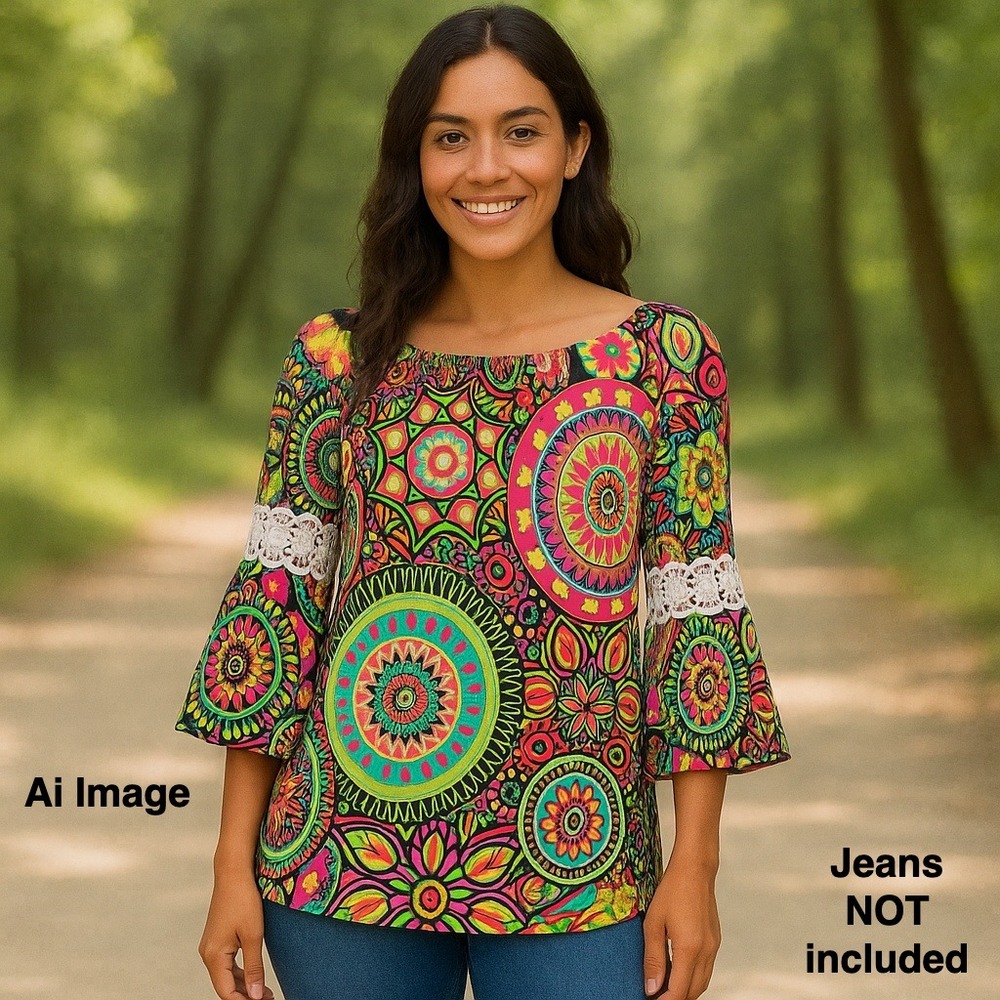 Win Win Pinwheel Sleeve Tunic Sz. S/M‎ Geometric Print Top Boho Artsy Stretch